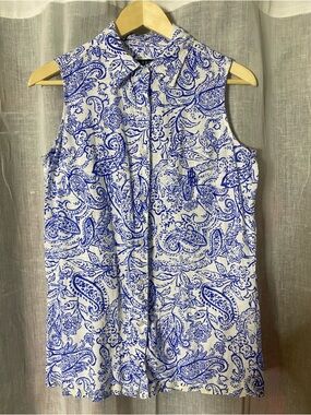 Ralph Lauren Blue White Paisley Sleeveless Button Down Small